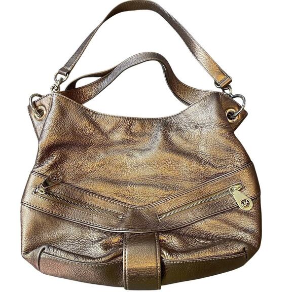 Michael Kors Jamesport Gold Leather Zipper Pocket Chain Strap Shoulder Purse Bag - Picture 1 of 14